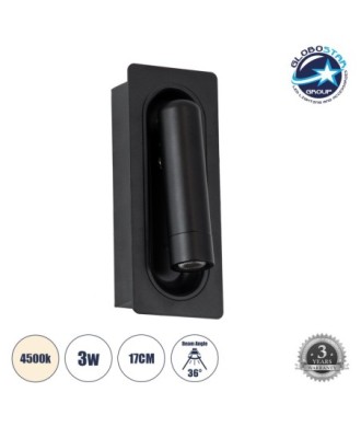 GLOBOSTAR® MANHATTAN 61097 Μοντέρνο Φωτιστικό Τοίχου - Απλίκα Ξενοδοχείου Reading Light LED 3W 405lm 36° AC 220-240V IP20 Φυσικό Λευκό 4500K - Bridgelux COB Chip & TÜV SÜD Driver - Μαύρο - Μ7 x Π7 x Υ17cm - 3 Χρόνια Εγγύηση